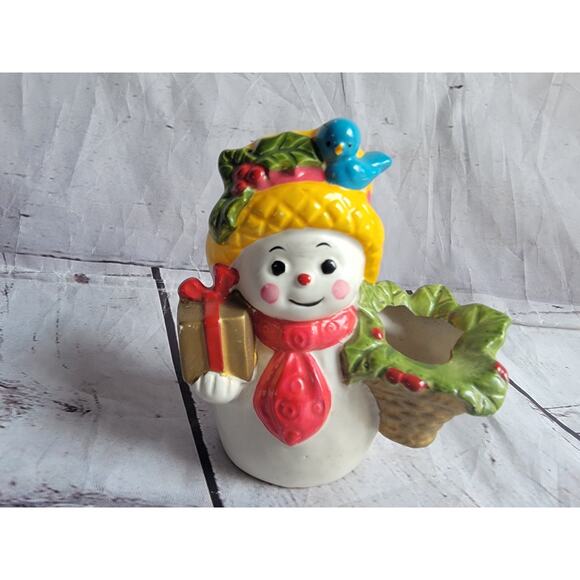 Vintage Napcoware Napco Mrs. Snowman 4in Candle Holder Holly Basket - Picture 2 of 6